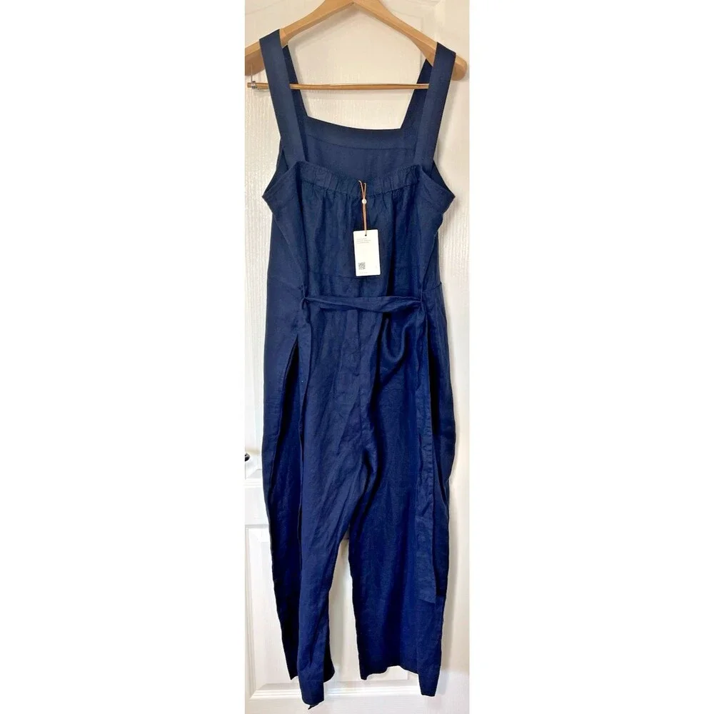 Quince NWT womens navy Euro 100% linen wide leg jumpsuit XL summer vacation